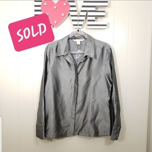 NWOT Silk Gray V-Neck Long Sleeve Button Down Top